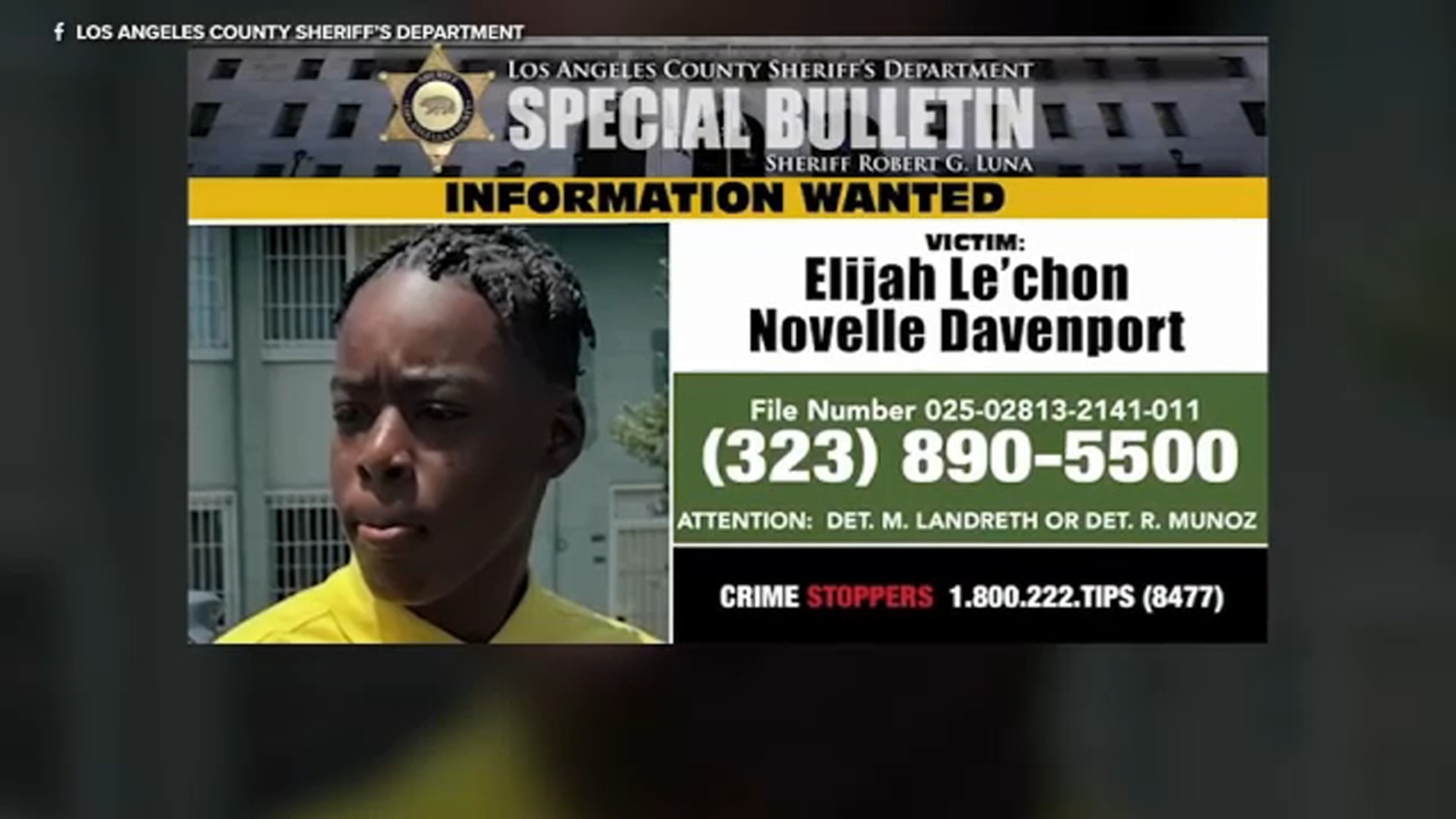 Elijah Lechon Novelle Davenport death: LASD, family ask for public’s help in solving shooting death of 14-year-old boy in South LA Elijah Lechon Novelle Davenport death: LASD, family ask for public’s help in solving shooting death of 14-year-old boy in South LA