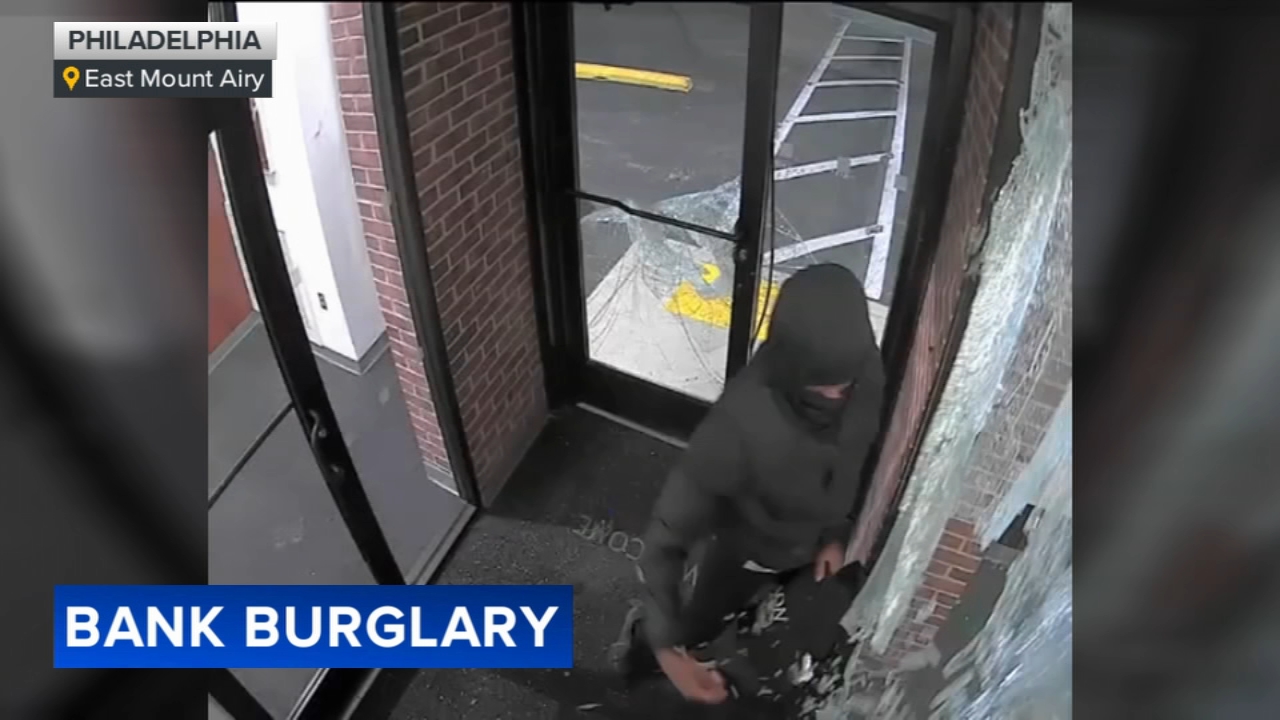 Surveillance video shows burglar smashing his way into East Mount Airy bank