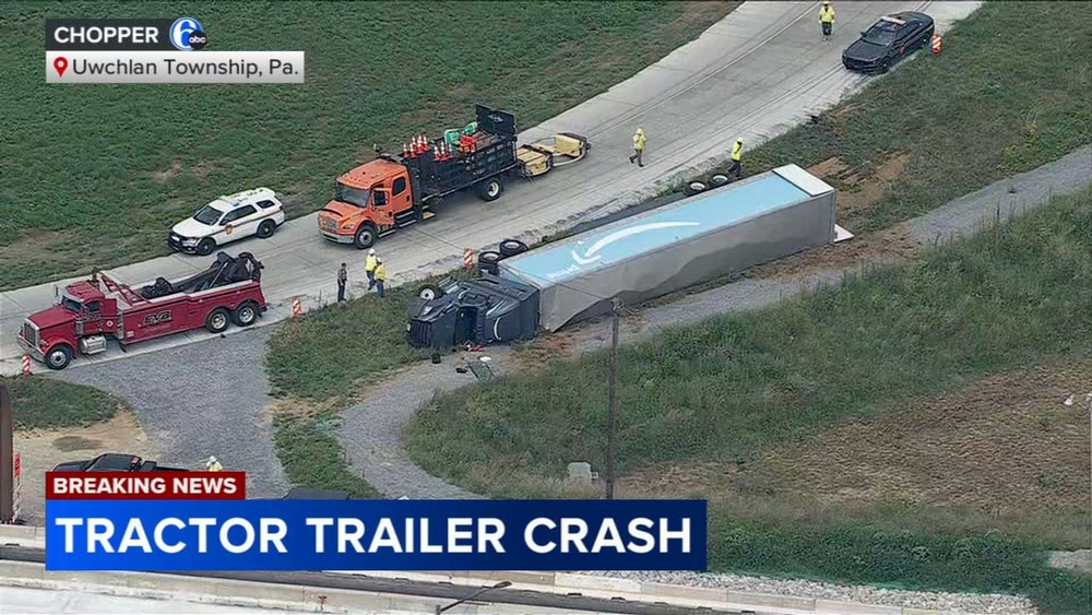 Semi overturns on I-76 EB ramp to Route 100 in Uwchlan Twp., Chester County