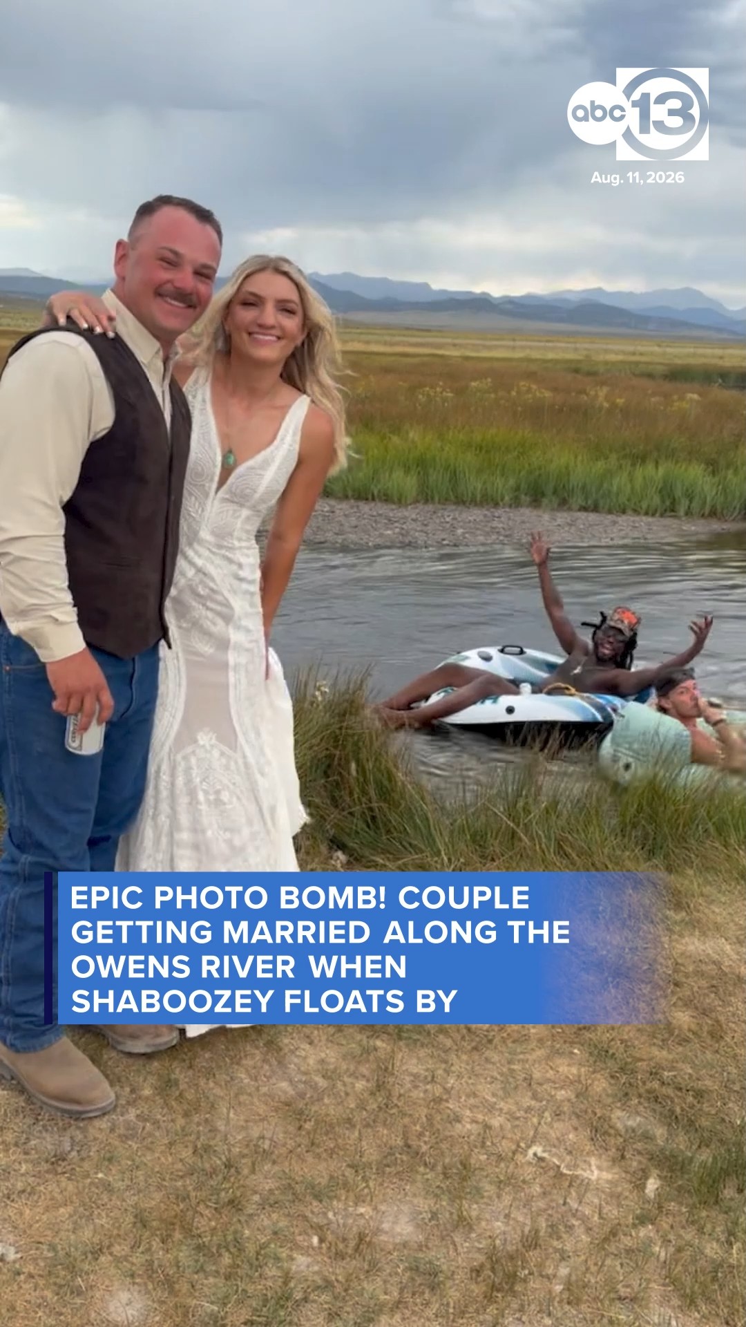 Shaboozey photobombs wedding couple along river in Mammoth California.
