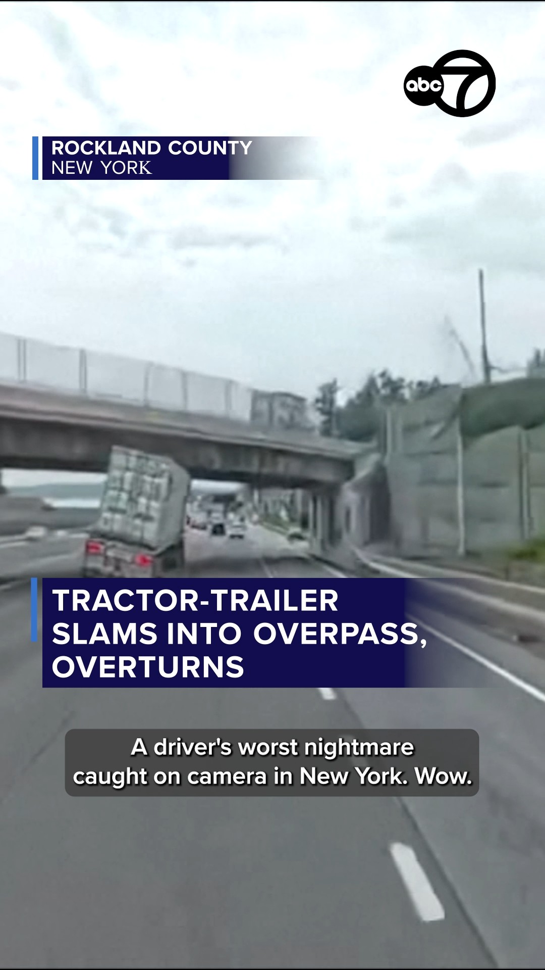 Tractor-trailer slams into overpass, overturns