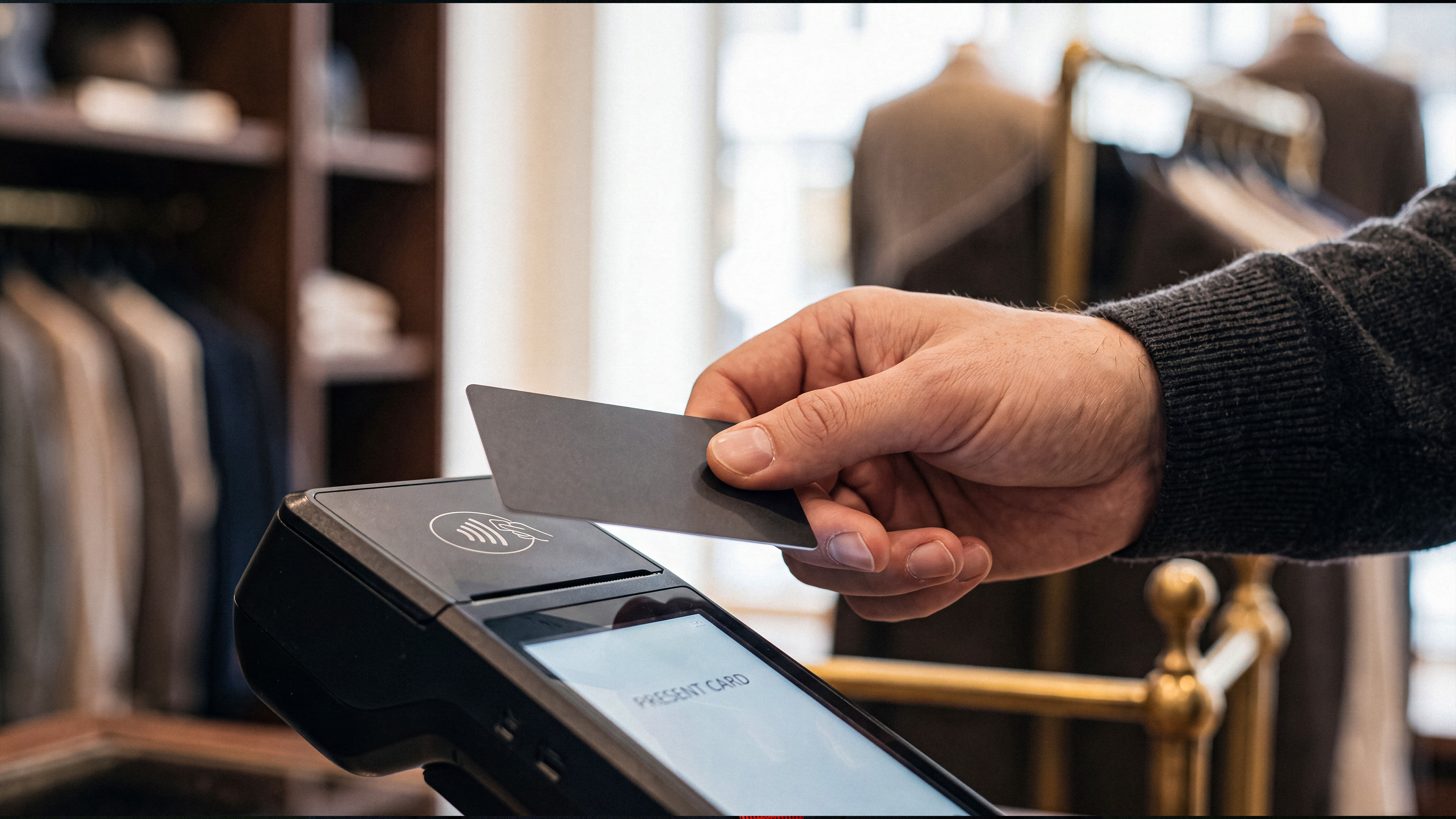 Customer making a swift contactless payment with a black credit card at a modern point of sale terminal.