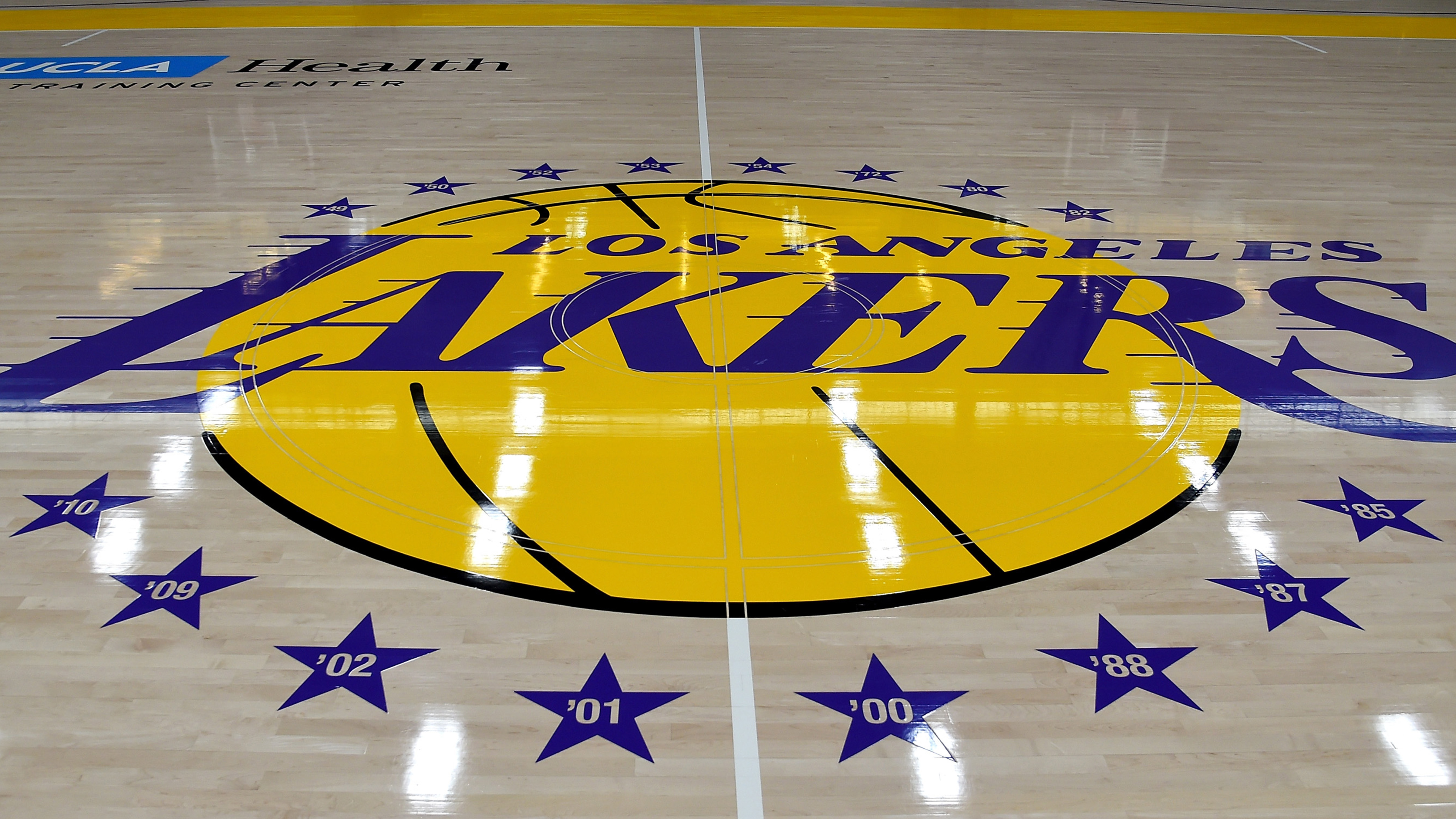View of the Los Angeles Lakers logo on the floor of the UCLA Health Training Center, their training faculity, on May 29, 2018 in Los Angeles, California. 