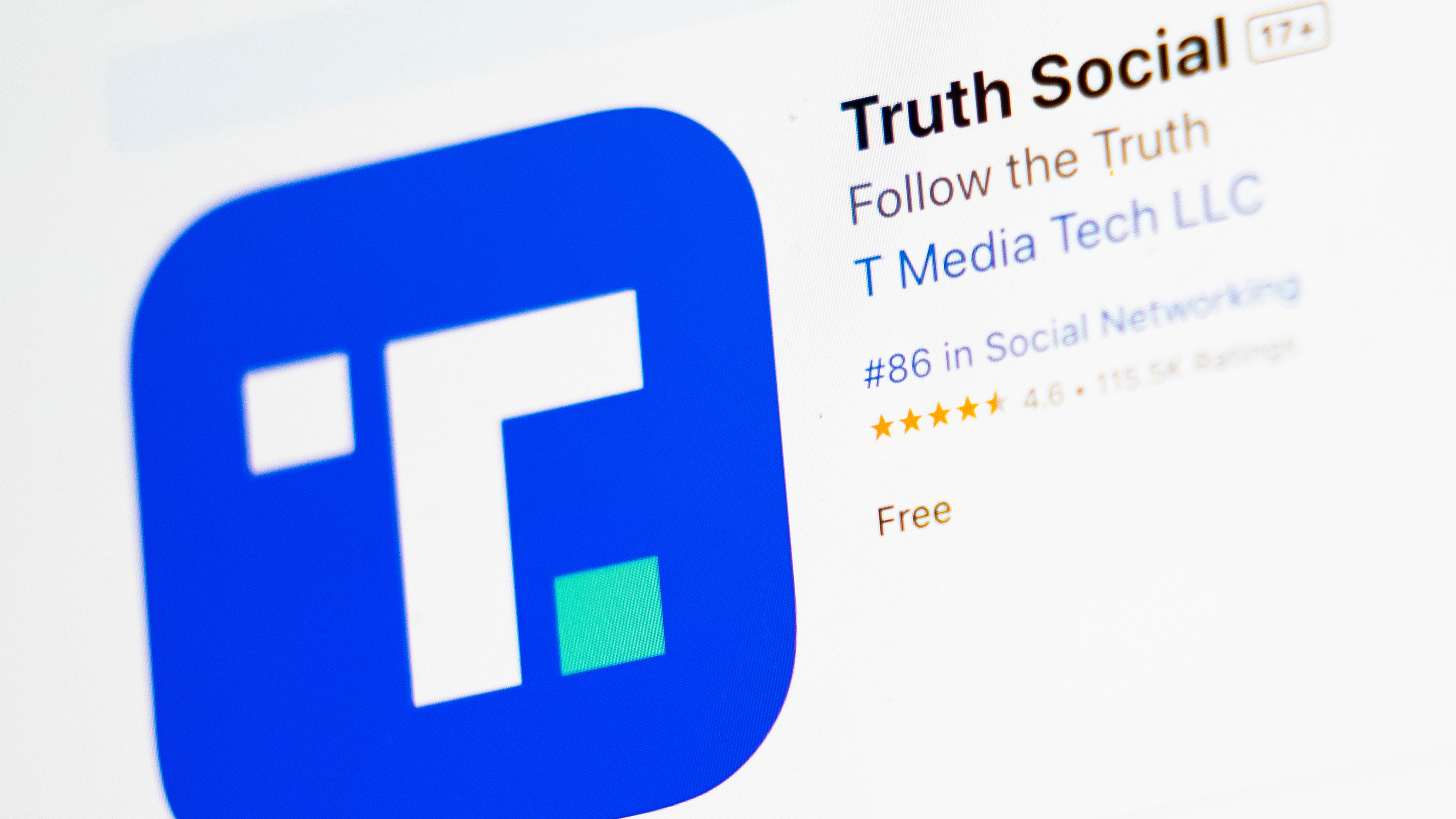 The download screen for the Truth Social app is displayed on a laptop computer, March 20, 2024, in New York.