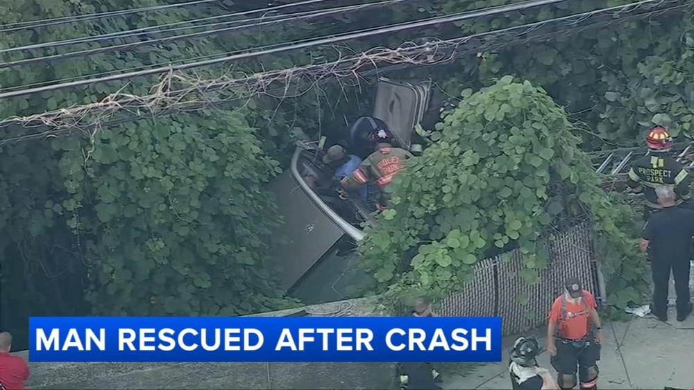 Driver pulled from car after vehicle goes off bridge, down embankment in Ridley Park