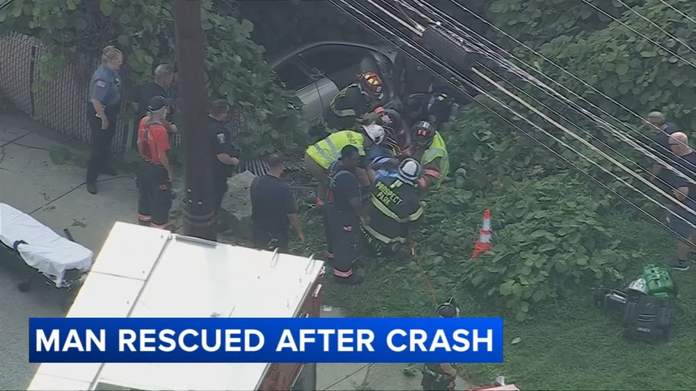 Driver rescued after car plunges over embankment near Ridley Park police station
