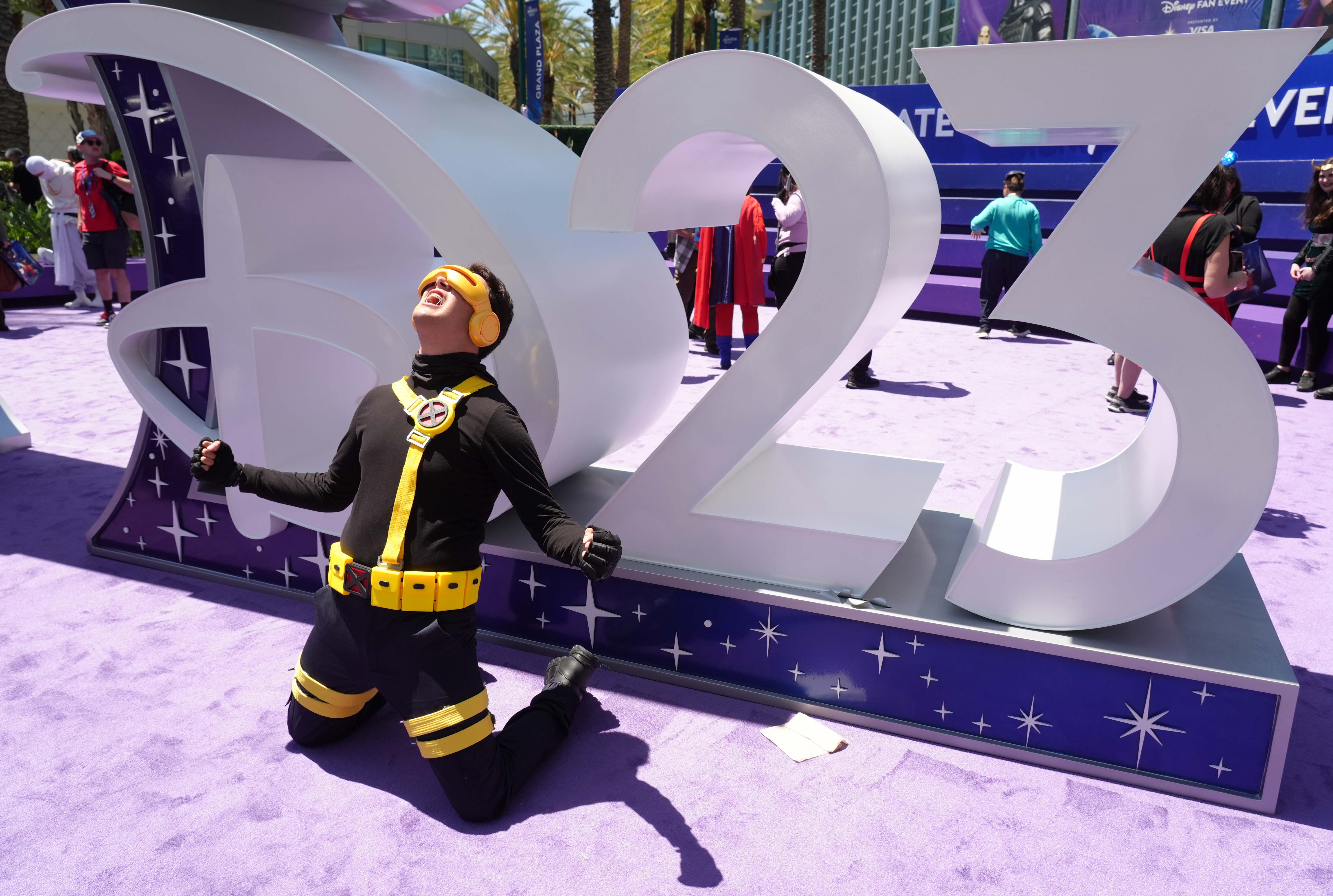 Alexander Delayat of Lyon, France, dressed as Cyclops from the Marvel Comics universe, strikes a pose during D23 on Friday, Aug. 14, 2026 in Anaheim, Calif.