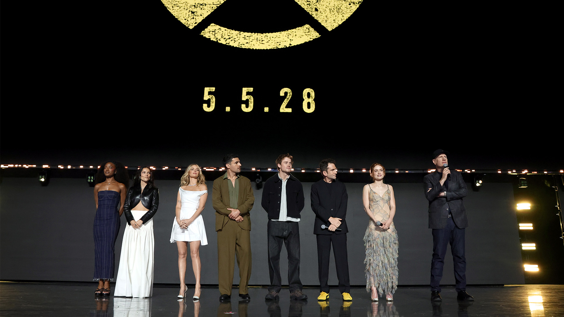 Maya Boyd, Inde Navarrette, Samara Weaving, Christopher Abbott, Kit Connor, Jake Schreier, Sadie Sink and Kevin Feige are seen at D23 on Aug. 14, 2026 in Anaheim, Calif.