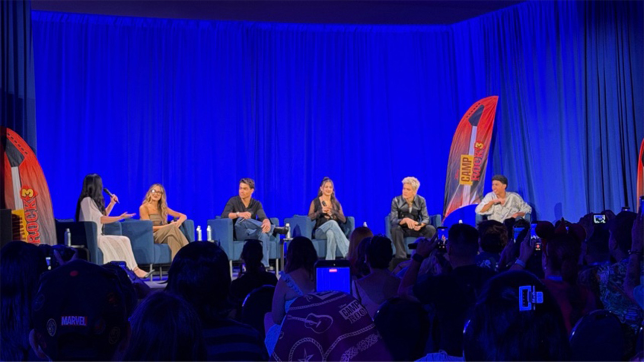 "Camp Rock 3" stars Liamani Segura, Malachi Barton, Lumi Pollack, Hudson Stone, Casey Trotter and moderator Sherry Cola are seen in Anaheim, Calif. on Saturday, Aug. 15, 2026.