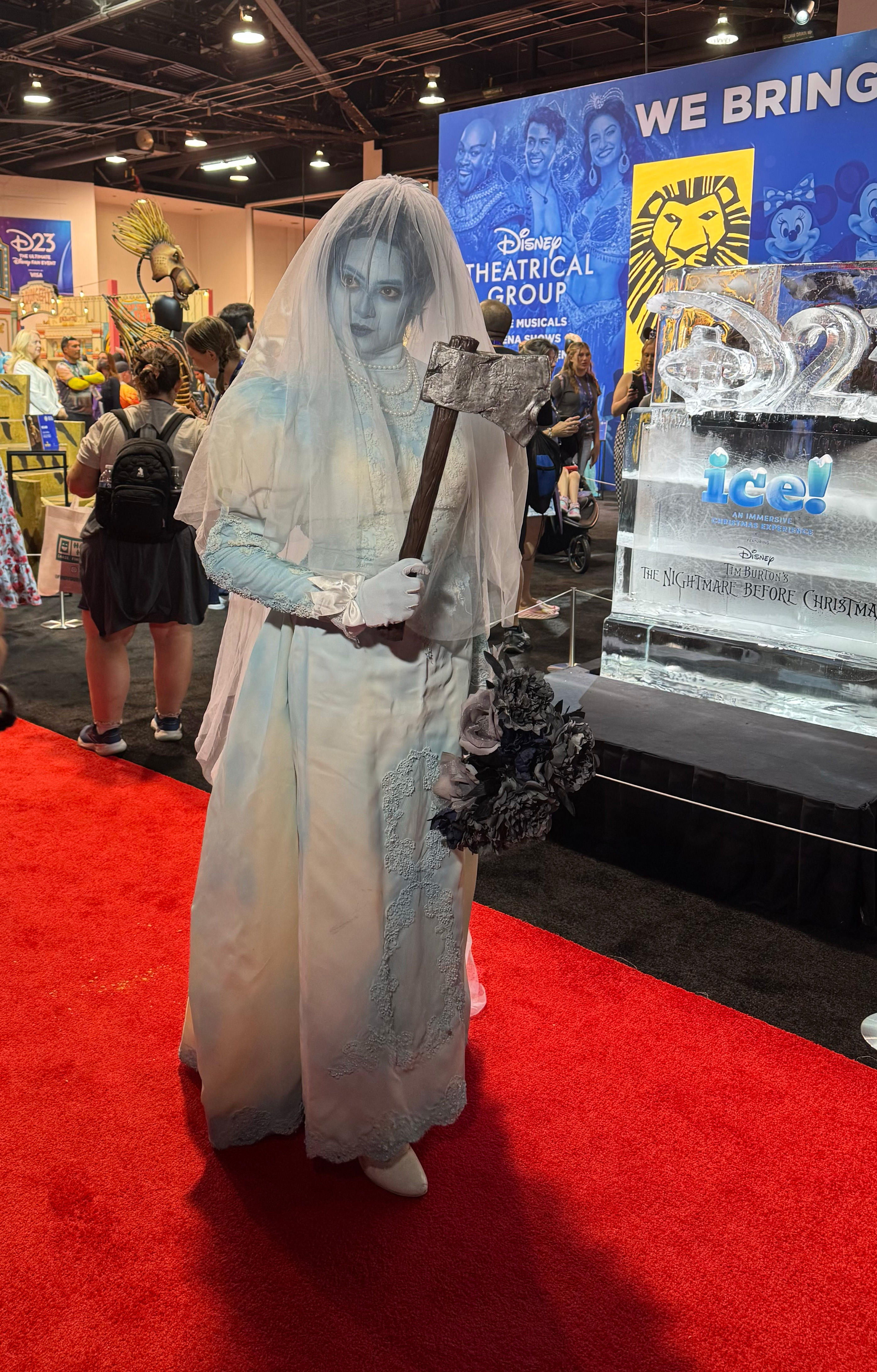 A woman dressed as the bride from the Haunted Mansion is seen at D23 in Anaheim, Calif. on Saturday, Aug. 15, 2026.
