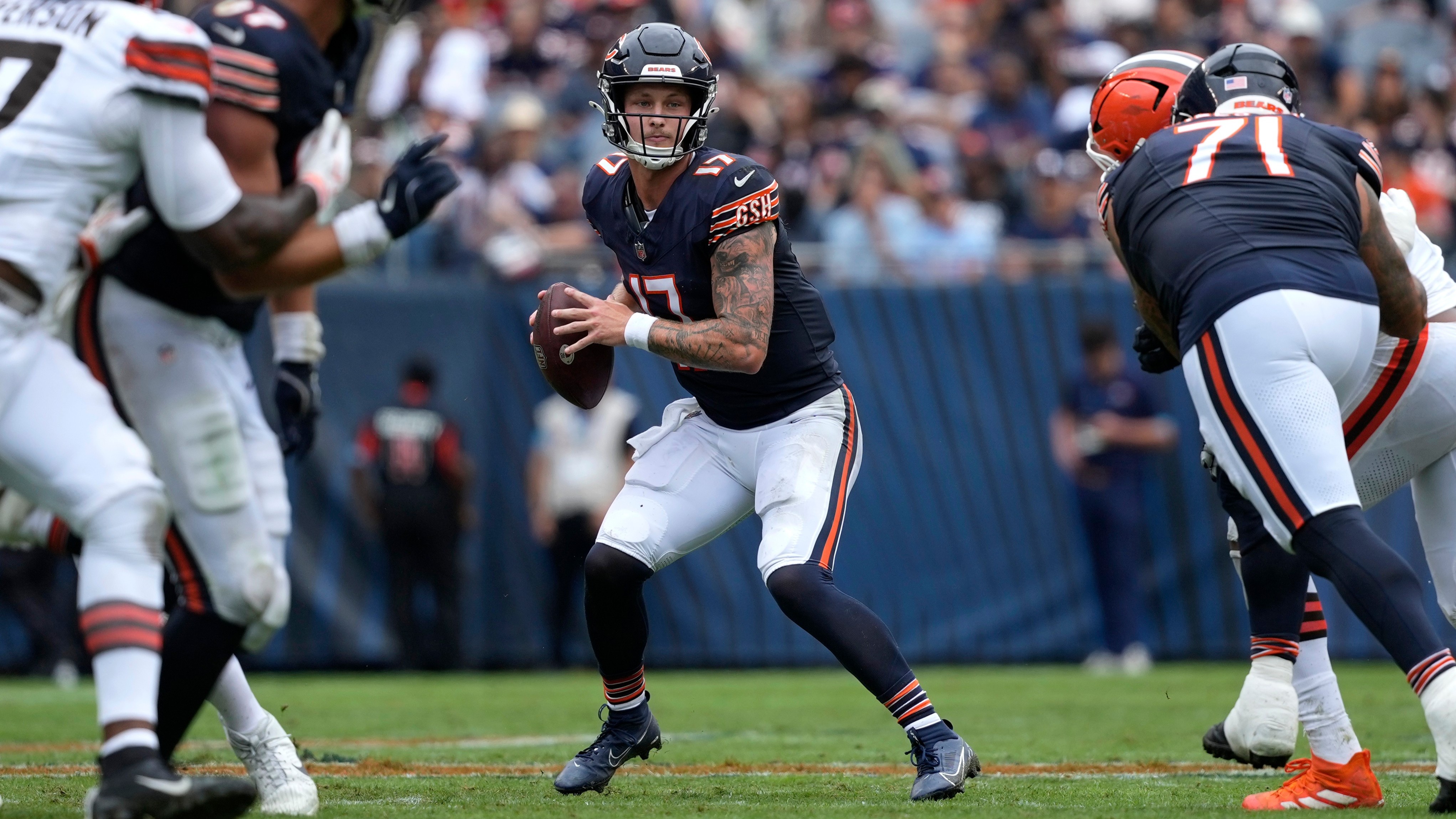 Chicago Bears quarterback Tyson Bagent (17) looks to pass during the first half of a preseason NFL football game, Saturday, Aug. 15, 2026, in Chicago.
