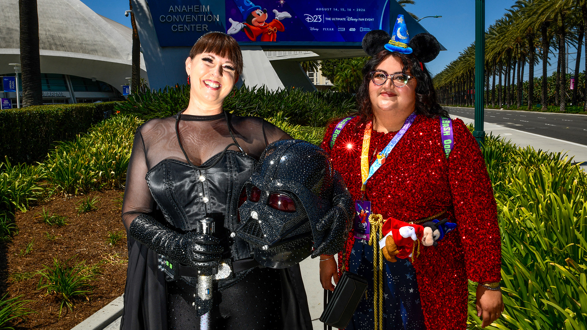 Cosplayers attend "D23: The Ultimate Disney Fan Event" outside the Anaheim Convention Center in Anaheim, California, on August 14, 2026.