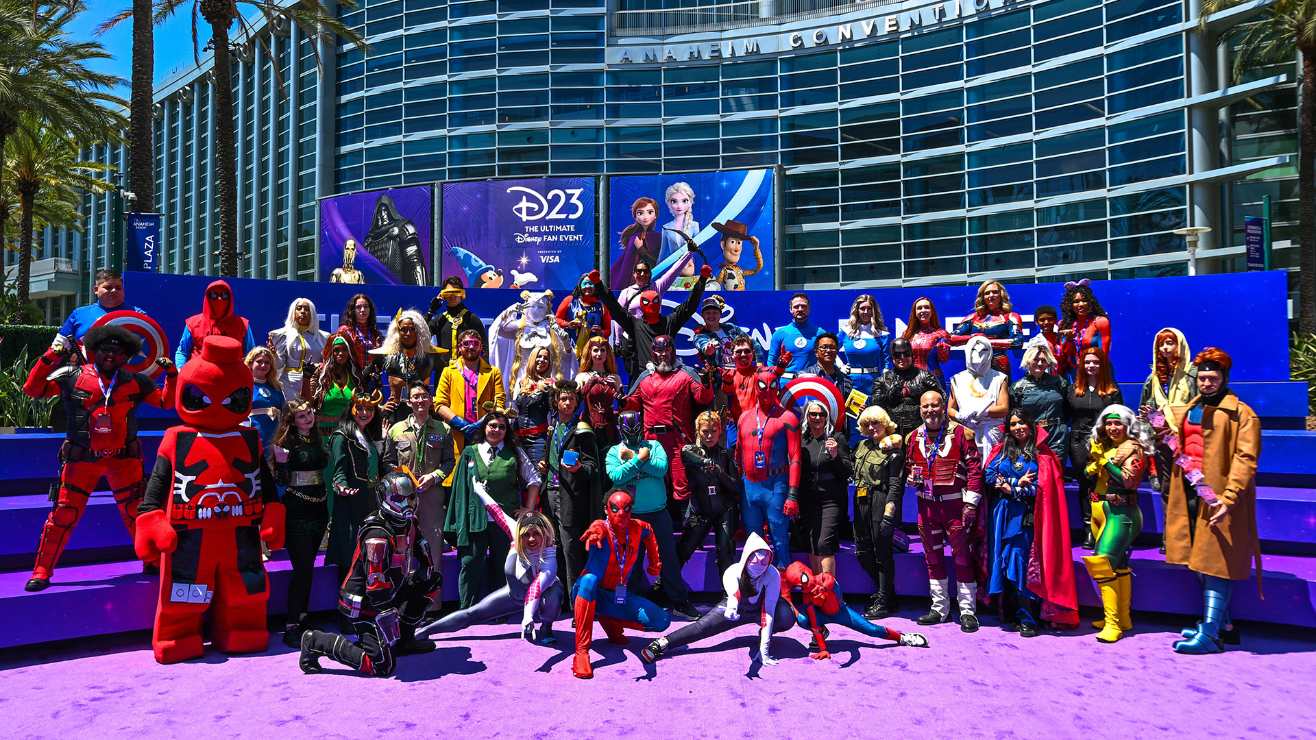 Cosplayers gather at a Marvel meetup during the D23 Disney fan expo on Friday, August 14, 2026, in Anaheim.