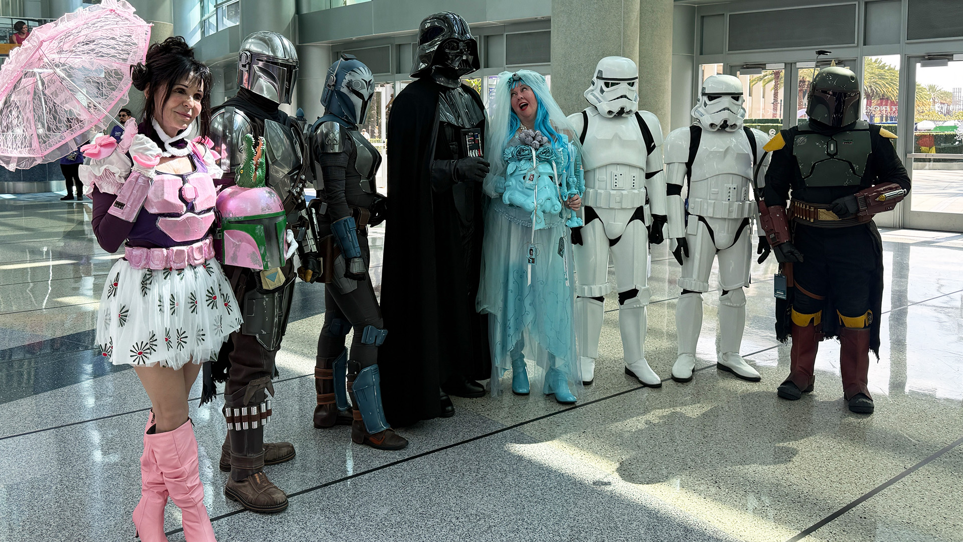 Guests dressed as characters from "Star Wars" such as Darth Vader, Boba Fett and as Stormtroopers are seen at D23 in Anaheim, Calif. on Saturday, Aug. 15, 2026.