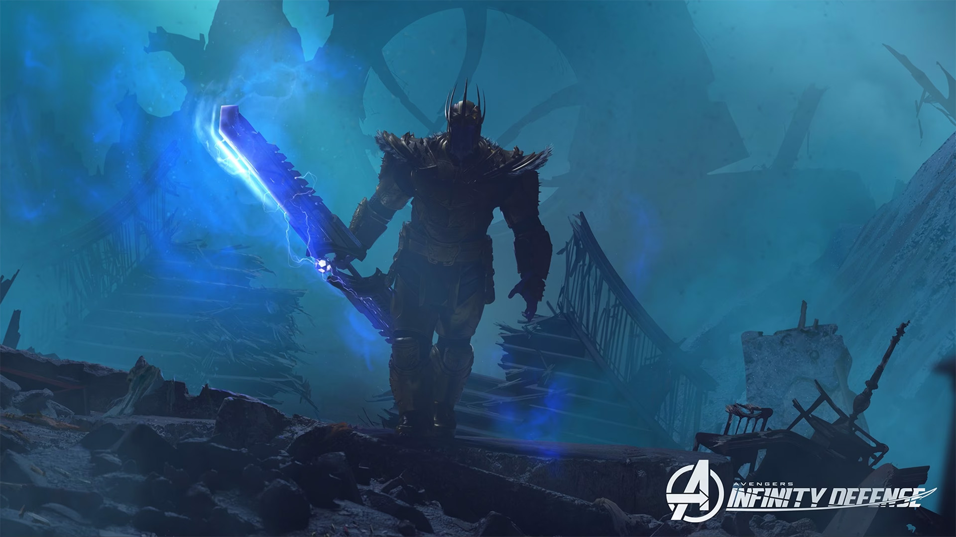 Avengers Infinity Defense will have guests join in battle across the multiverse alongside the Avengers to defeat King Thanos, seen in this concept art, and recover stolen Stark technology.