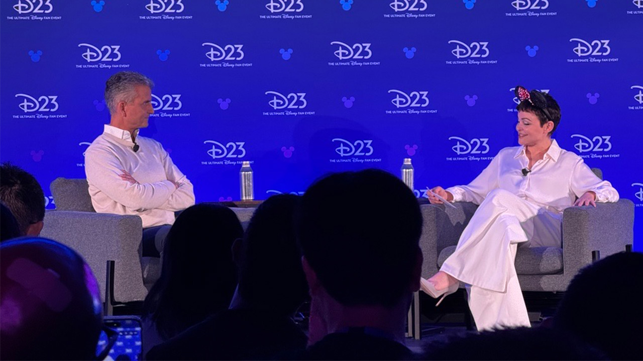 Disney CEO Josh D'Amaro and 'Zootopia' star Ginnifer Goodwin are seen during a panel at D23 in Anaheim, Calif. on Sunday, Aug. 16, 2026.
