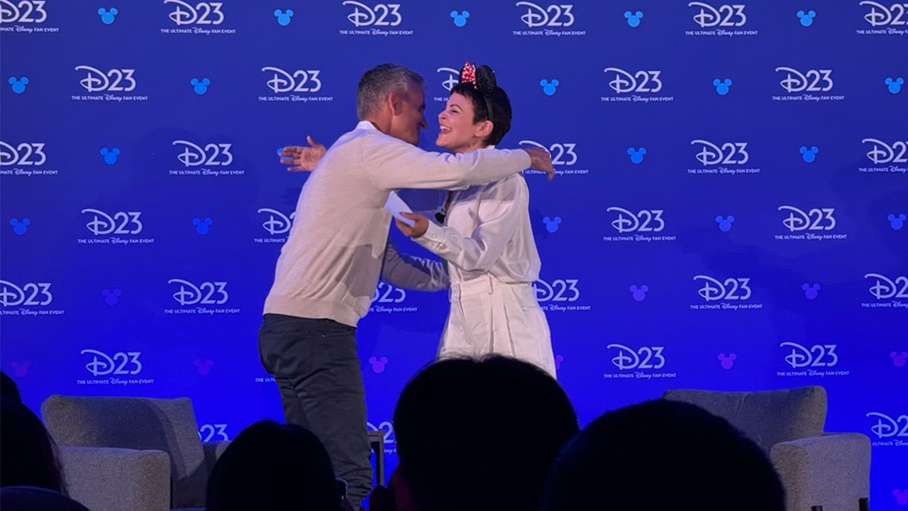 Disney CEO Josh D'Amaro and 'Zootopia' star Ginnifer Goodwin are seen during a panel at D23 in Anaheim, Calif. on Sunday, Aug. 16, 2026.