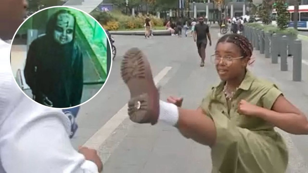 Woman kicks man who was 'terrorizing' people in a 'Chucky doll' mask