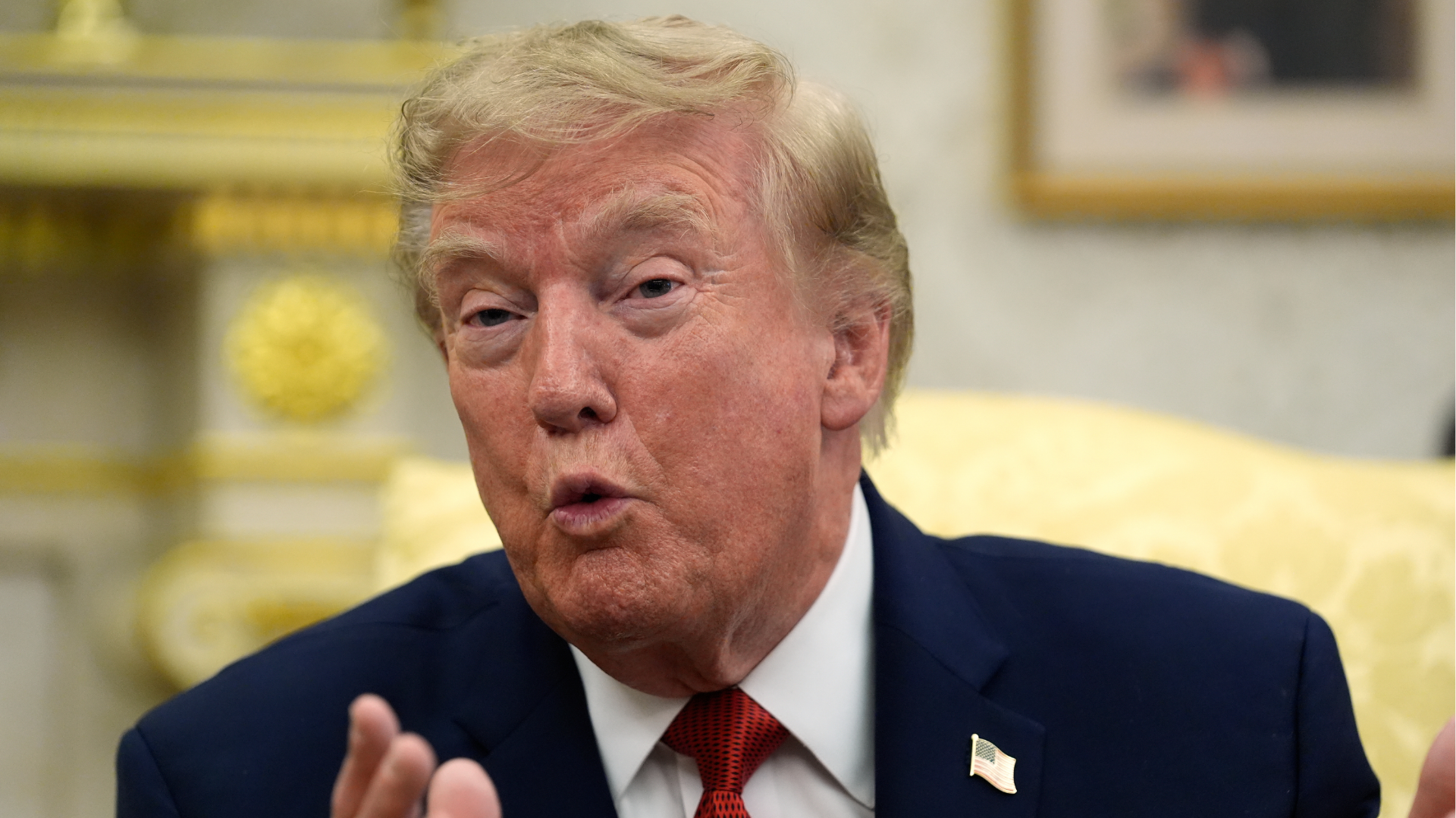 President Donald Trump speaks as he meets with lifeguard Ryder Williams in the Oval Office of the White House, Monday, Aug. 17, 2026, in Washington.