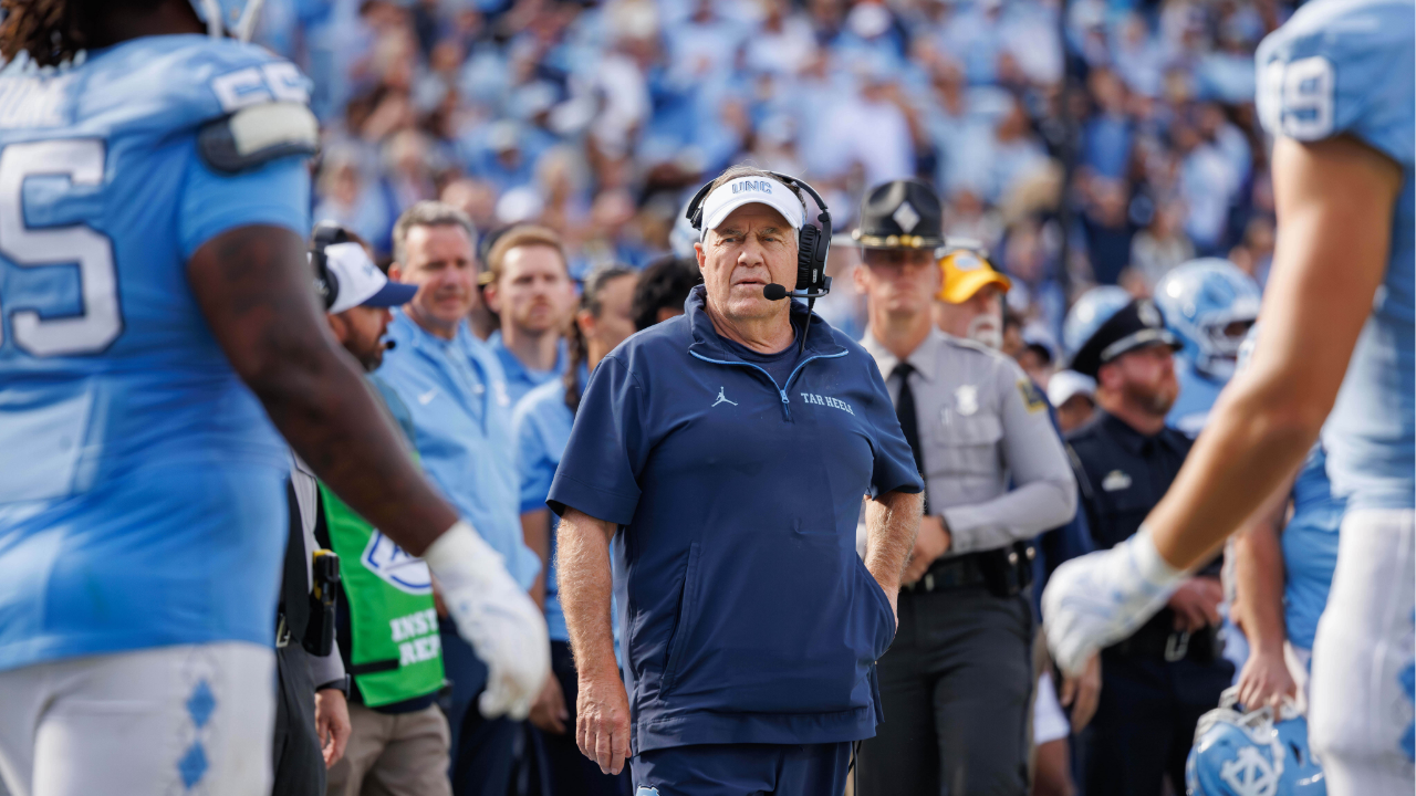 NC head coach Bill Belichick looks towards the field after the final play in overtime in a loss to Virginia in Chapel Hill, N.C., Oct. 25, 2025.