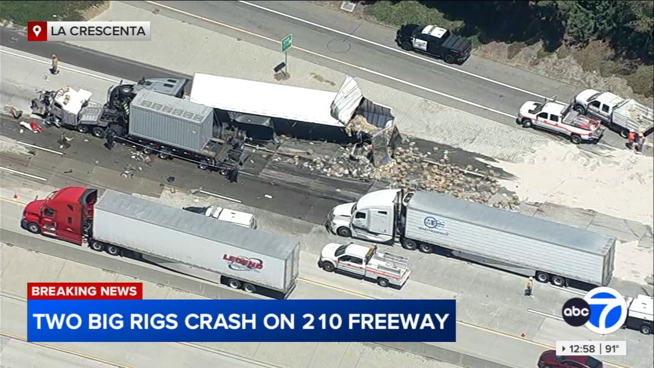 2 big rigs collide on 210 Fwy. in La Crescenta; all WB lanes closed