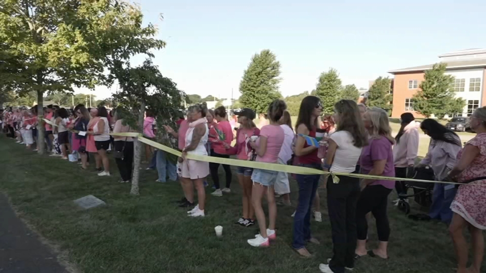 Women in pink rally in support of Lindsay Clancy who is on trial for killing 3 children