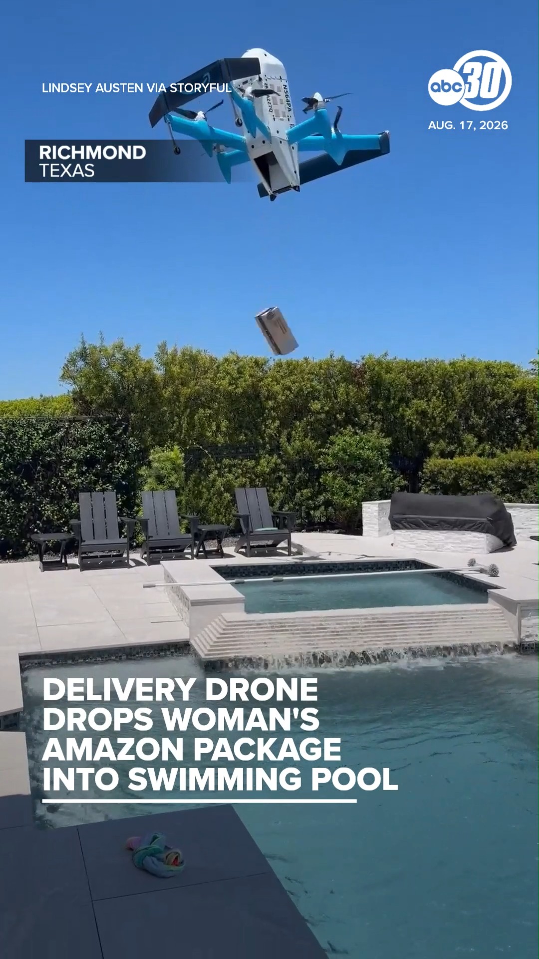 Delivery drone drops woman's Amazon package into swimming pool