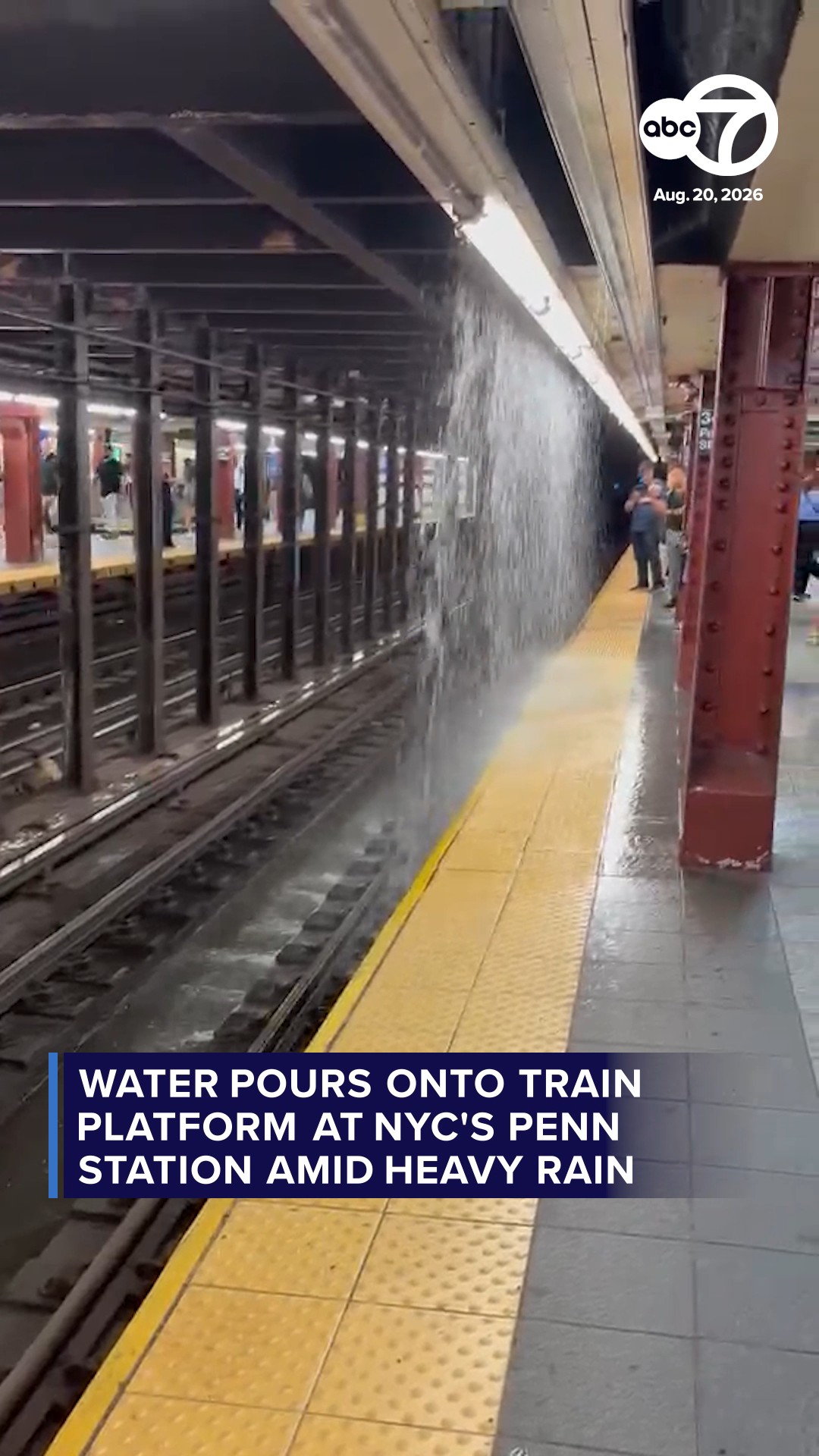 Water pours onto train platform at NYC's Penn Station amid heavy rain