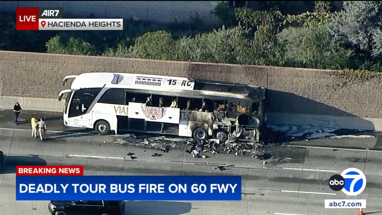 1 dead after fire engulfs tour bus on 60 Freeway in Hacienda Heights