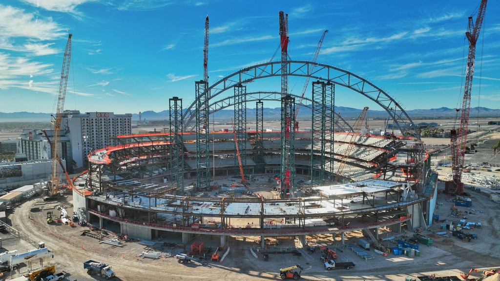 This photo provided by the Athletics shows the installation of the second steel truss arch at the future Athletics stadium on the Strip in Las Vegas, Tuesday, Aug. 18, 2026.