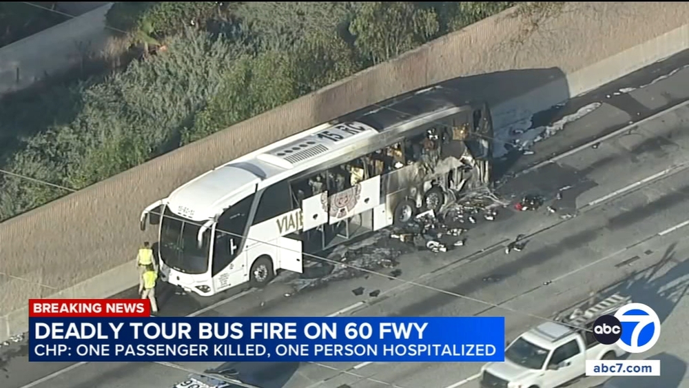 1 killed after fire engulfs tour bus on 60 Freeway in Hacienda Heights