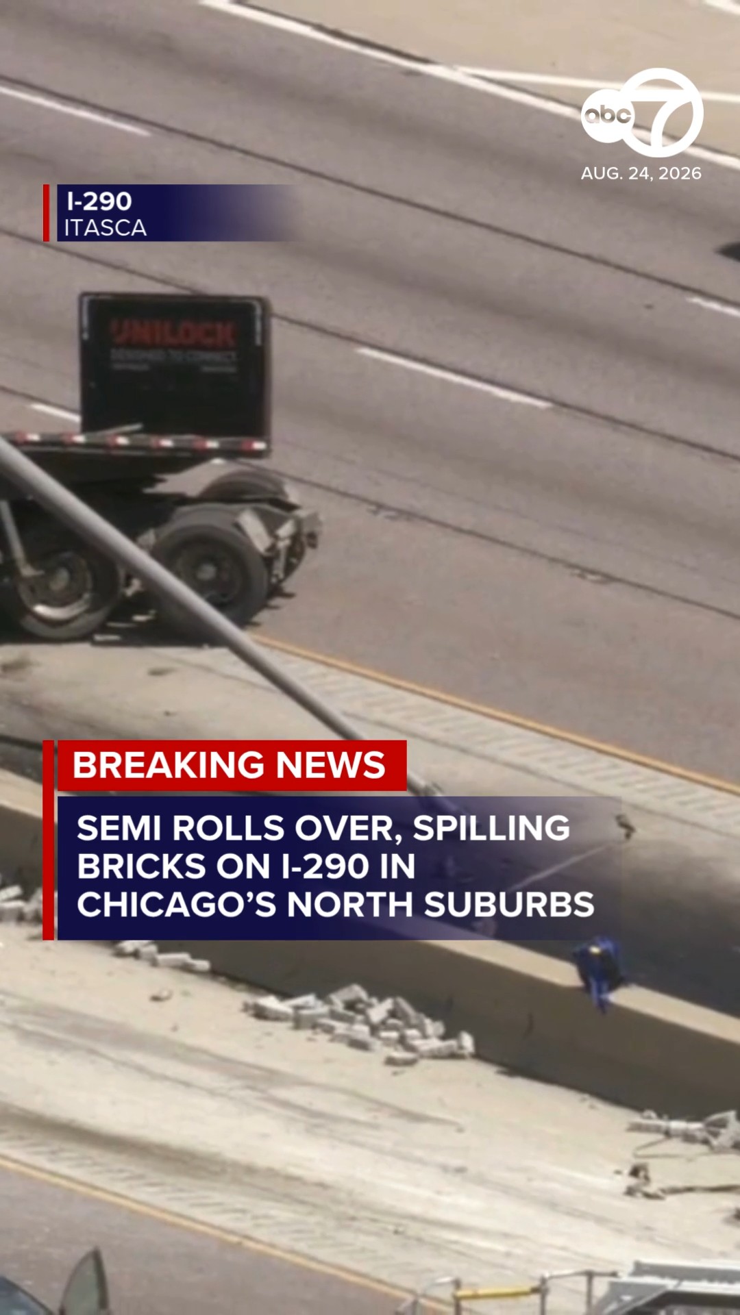 Semi rolls over, spilling concrete bricks on I-290 in north suburbs