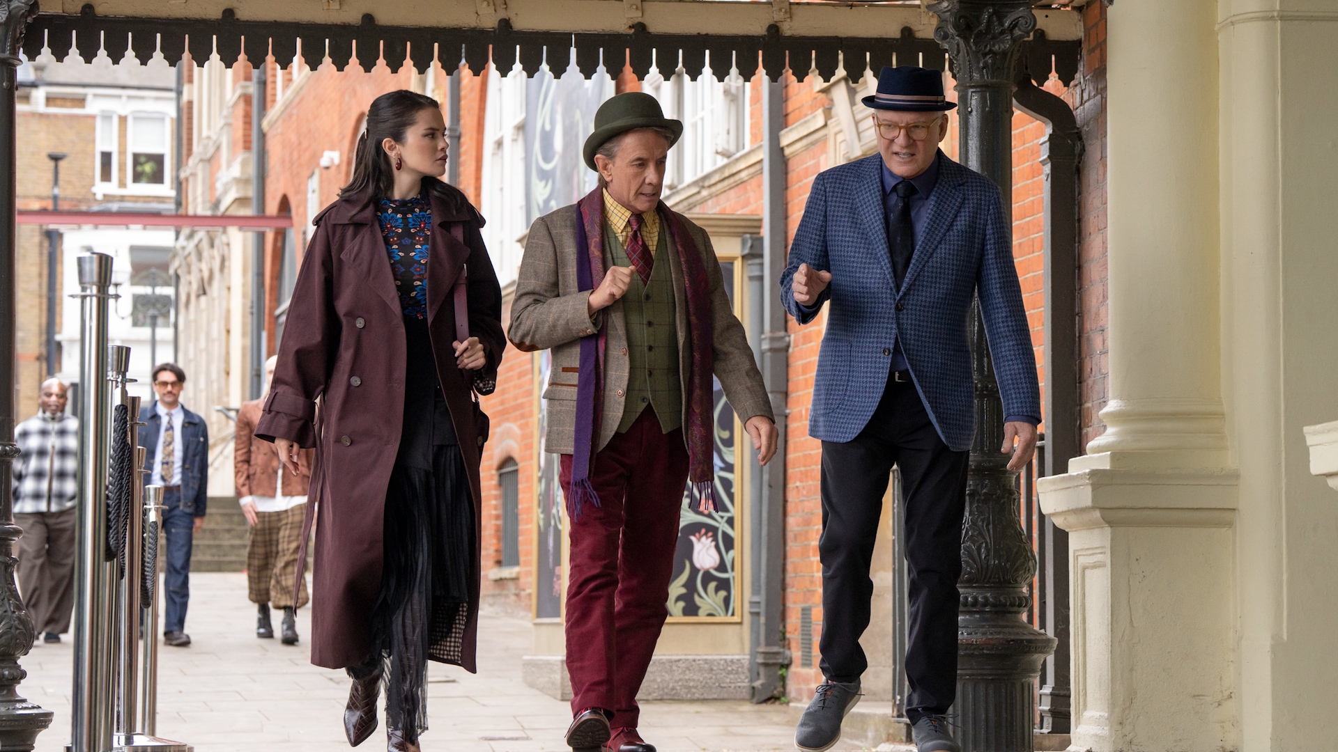 Selena Gomez, Martin Short and Steve Martin are pictured on the London set of "Only Murders in the Building" 