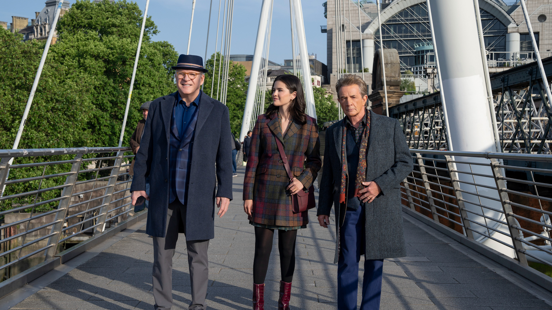Steve Martin, Selena Gomez and Martin Short are pictured on the set of "Only Murders in London" 
