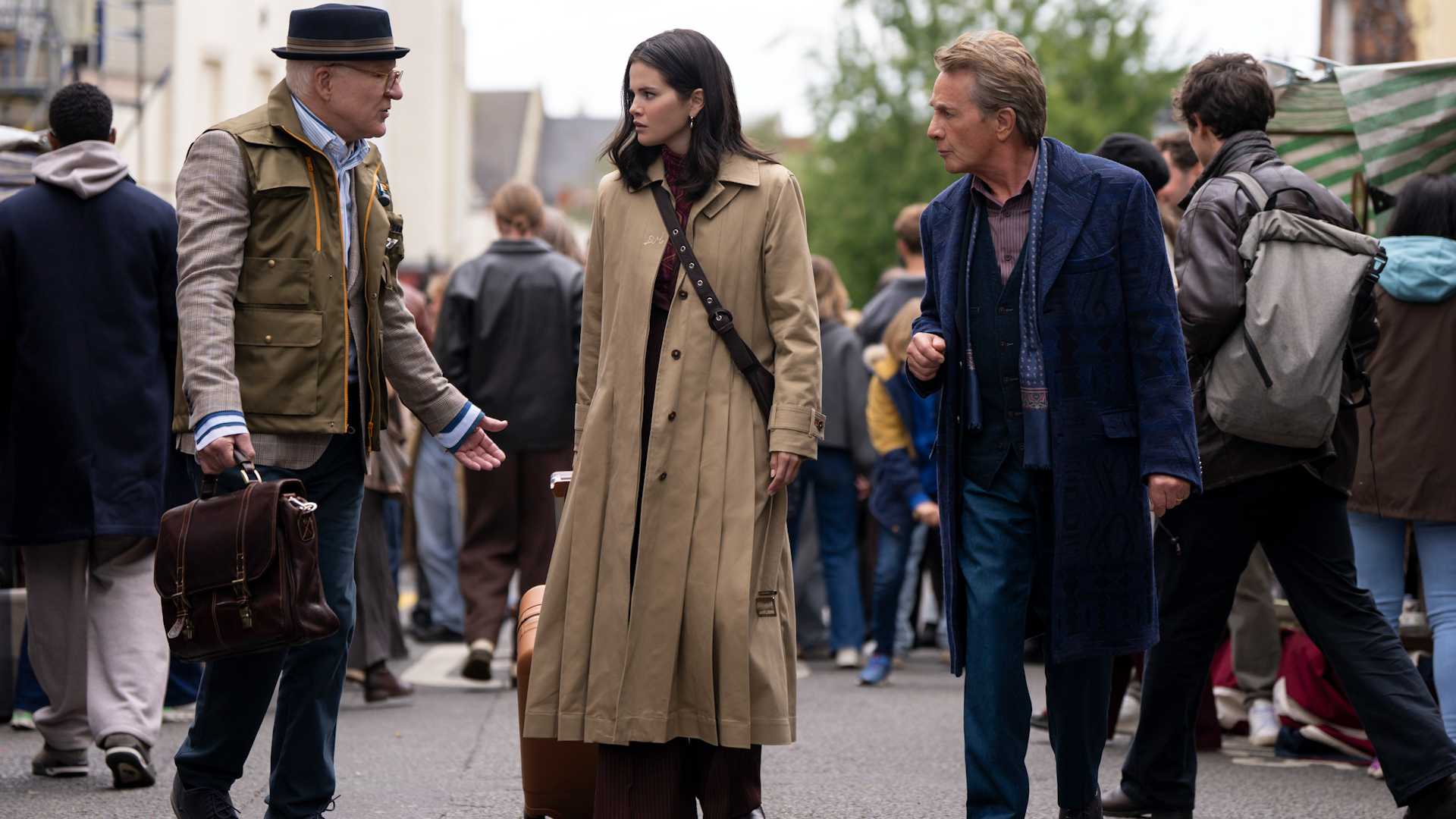 Steve Martin, Selena Gomez and Martin Short are pictured on the set of "Only Murders in London"