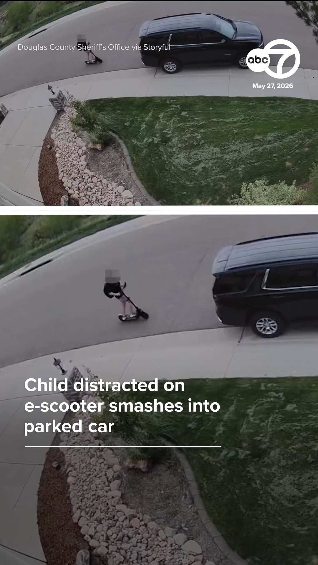 Child distracted on e-scooter smashes into parked car