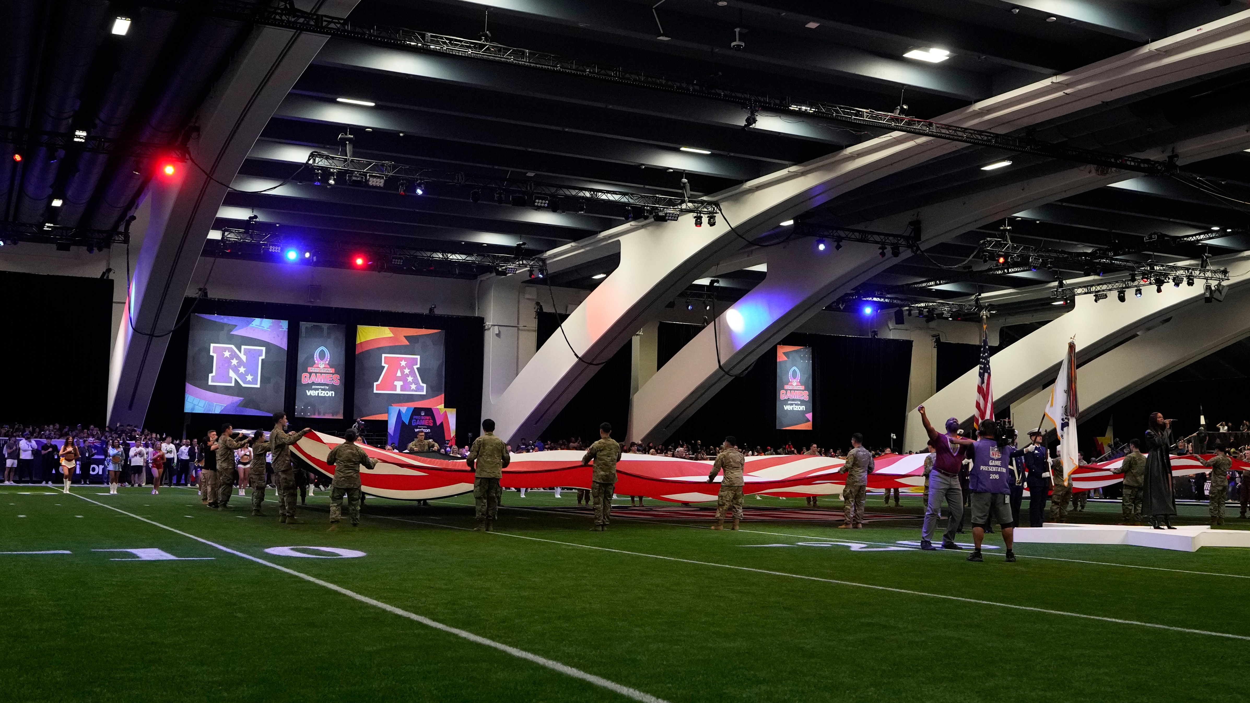 The flag is presented before the 2026 NFL Pro Bowl Games on Tuesday, Feb. 3, 2026, in San Francisco. (Doug Benc/AP Content Services for the NFL)