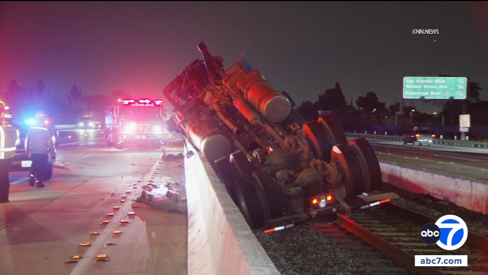 Overturned semi lands on Metrolink tracks along 10 Fwy in Rosemead