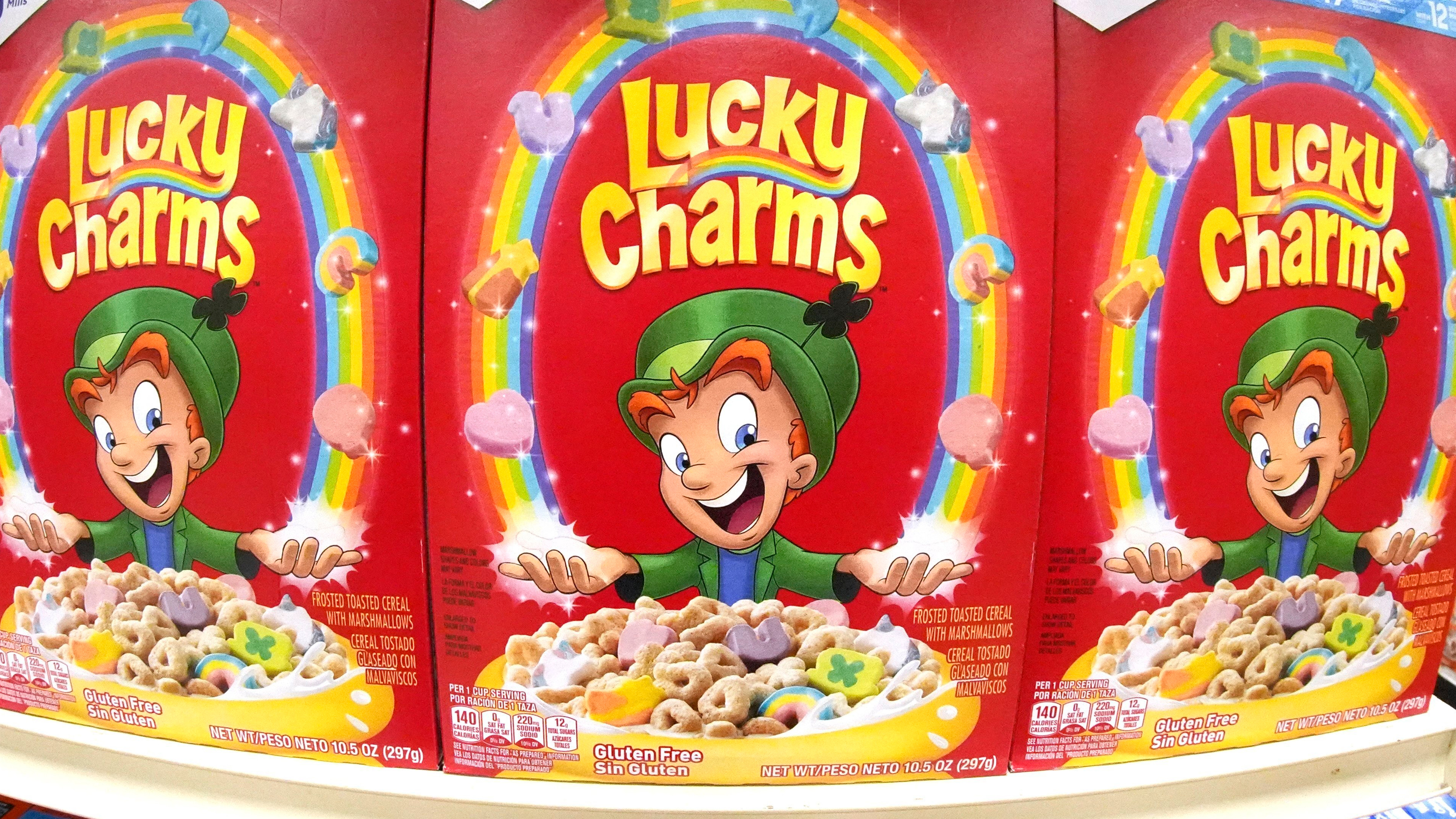 This is a shelf of General Mills Lucky Charms cereal at a market in Homestead, Pa., on Monday, Feb. 24, 2025.