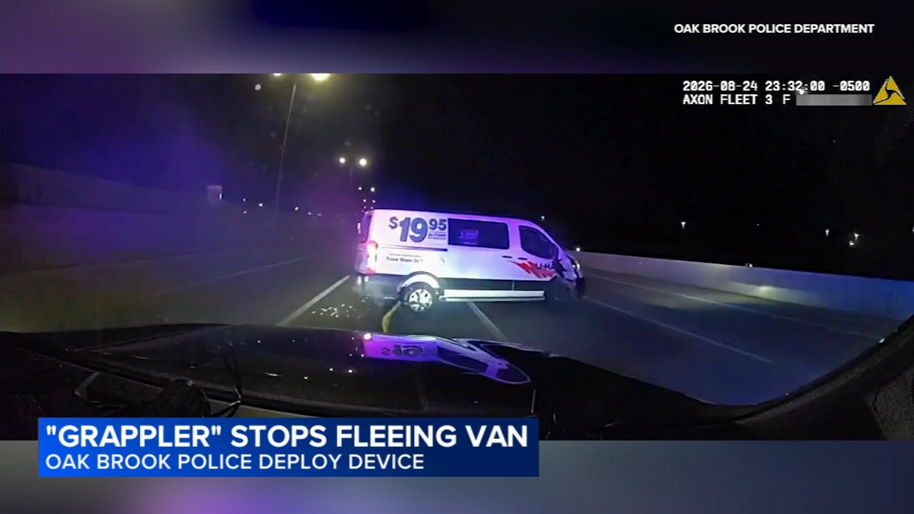 Suburban police deploy 'grappler' device to stop fleeing van: VIDEO