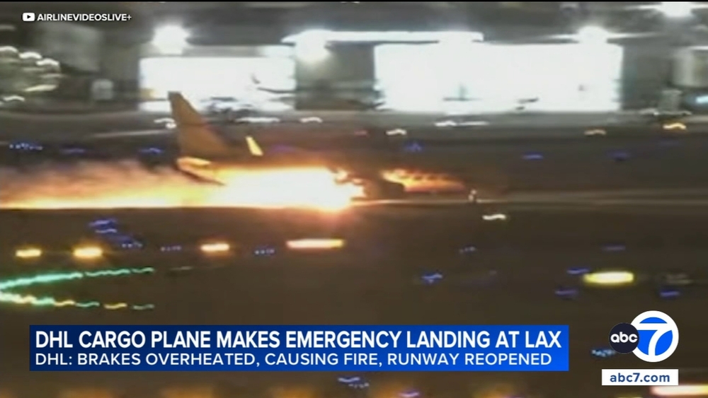 Flames shoot from DHL cargo plane during emergency landing at LAX