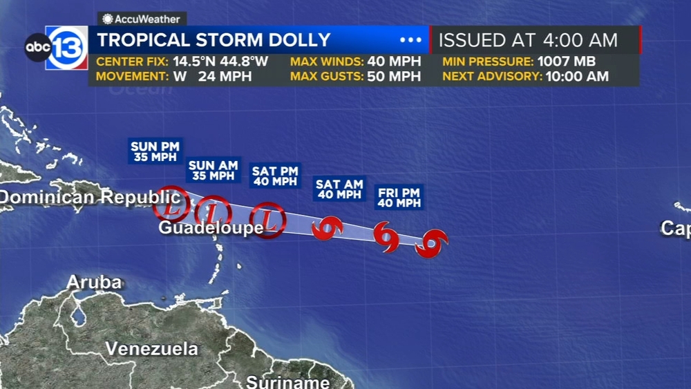 Tropical Storm Dolly forms over the central Atlantic