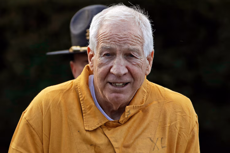 Jerry Sandusky leaves the Centre County Courthouse after attending a hearing on his 45-count child sexual abuse conviction, Nov. 22, 2019.