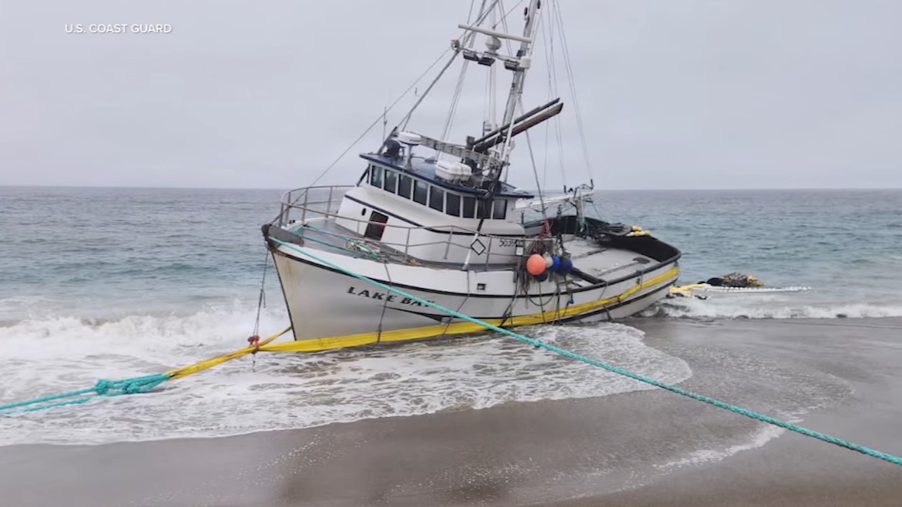 A fishing boat lies grounded at North Beach in Point Reyes.