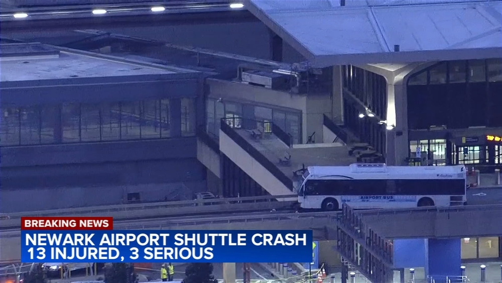 13 people injured, 3 seriously, after airport shuttle bus hits wall at Newark Airport