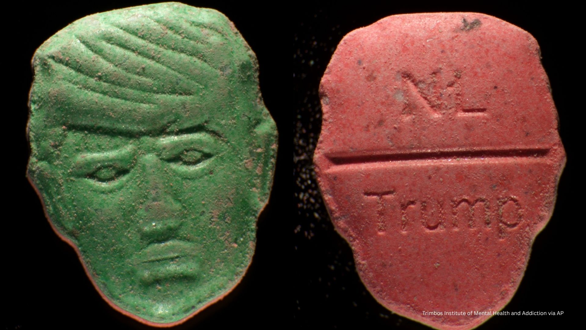 This undated photo shows pills that have a depiction of President Donald Trump on one side and on the other side NL and Trump stamped into the surface.