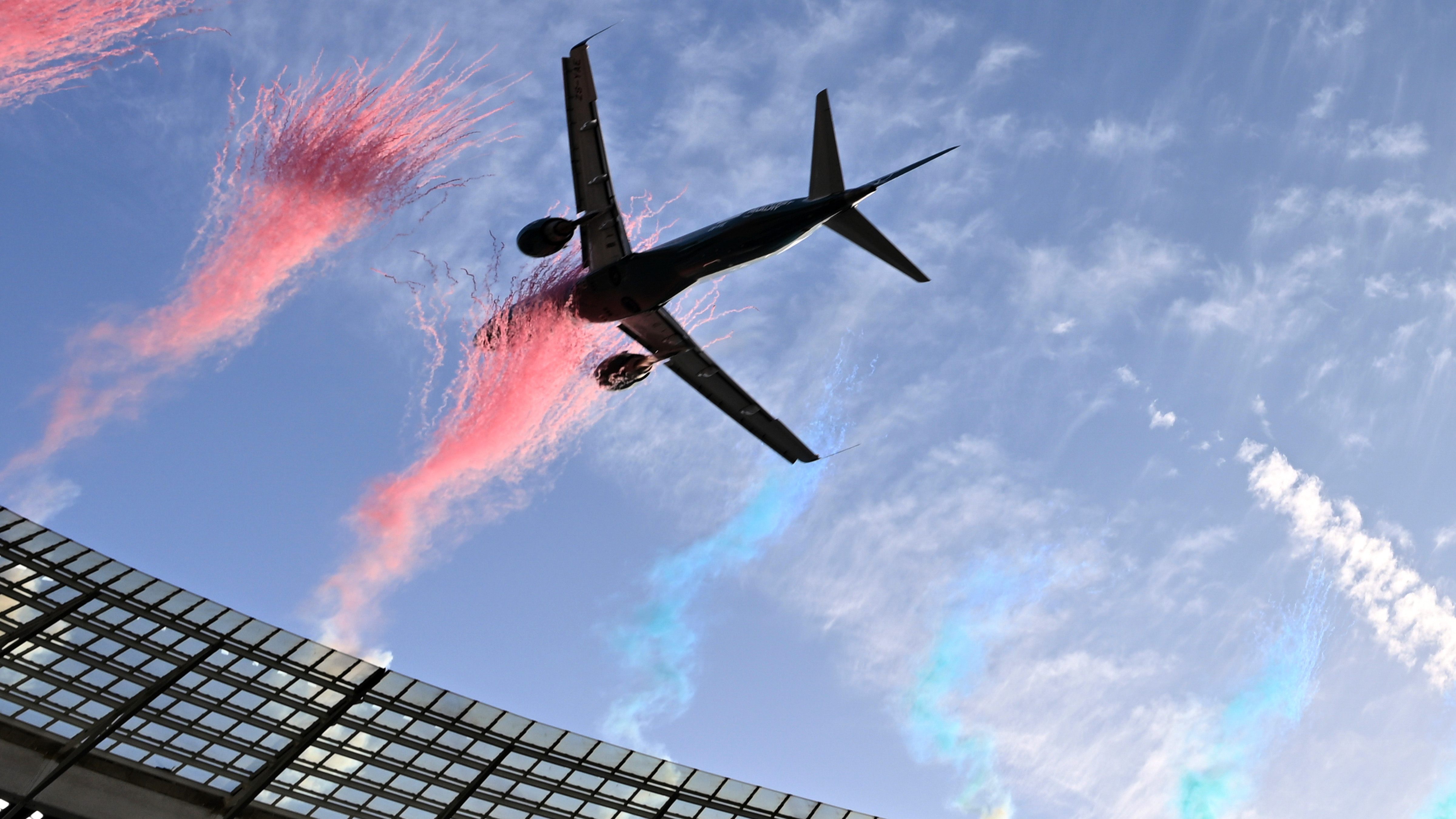 A jetliner flies over the stadium ahead of a second Test rugby match between South Africa and New Zealand, in Cape Town, South Africa, Saturday, Aug. 29, 2026.