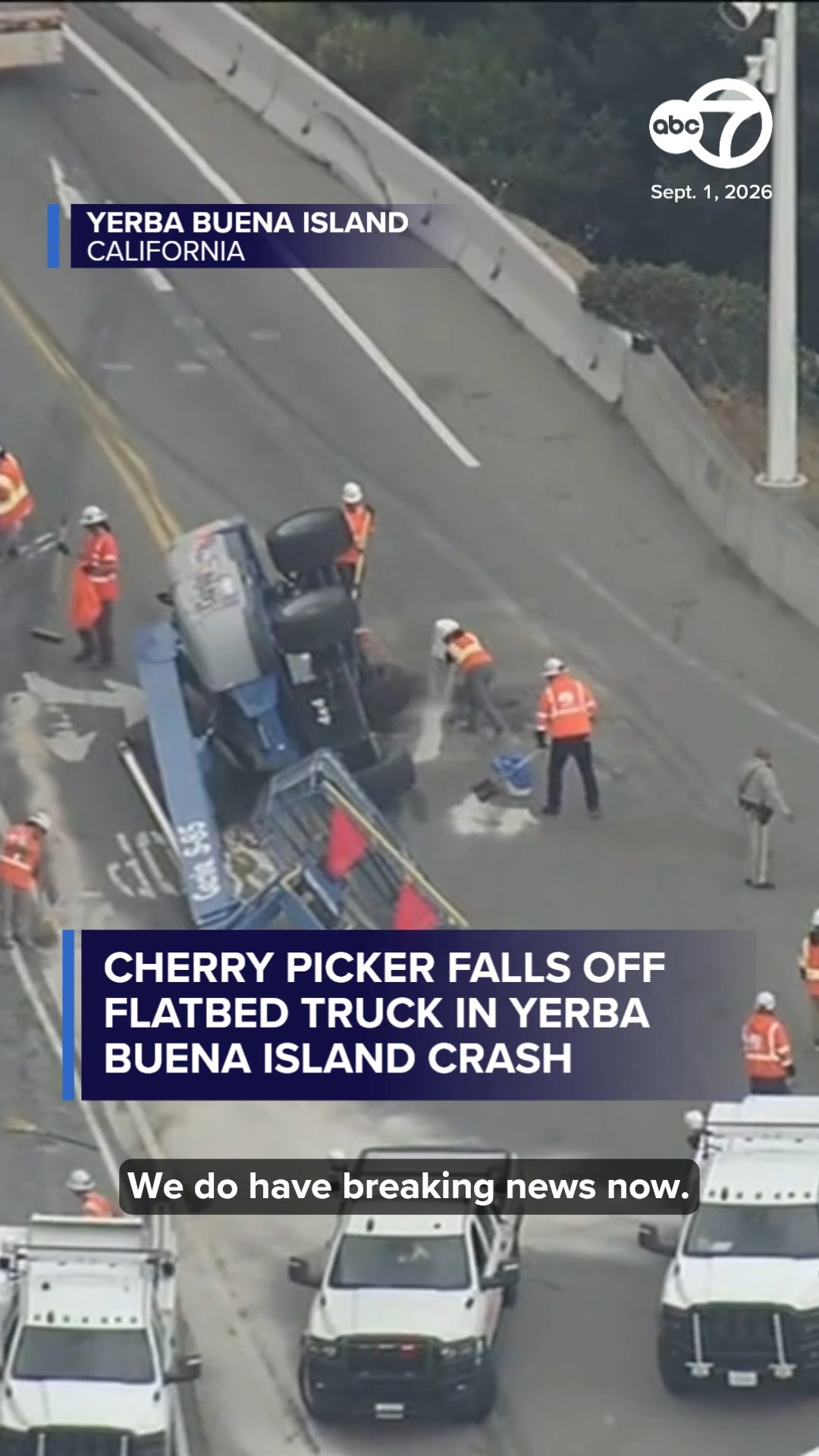 Cherry picker falls off flatbed on Yerba Buena Island, limiting access