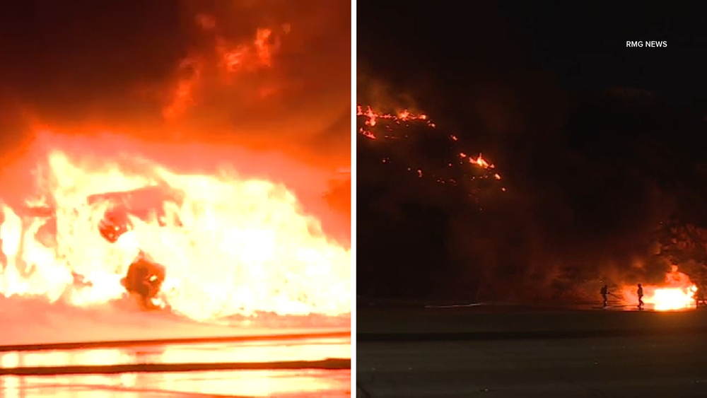 SUV fire on 2 Freeway in Eagle Rock sparks brush fire