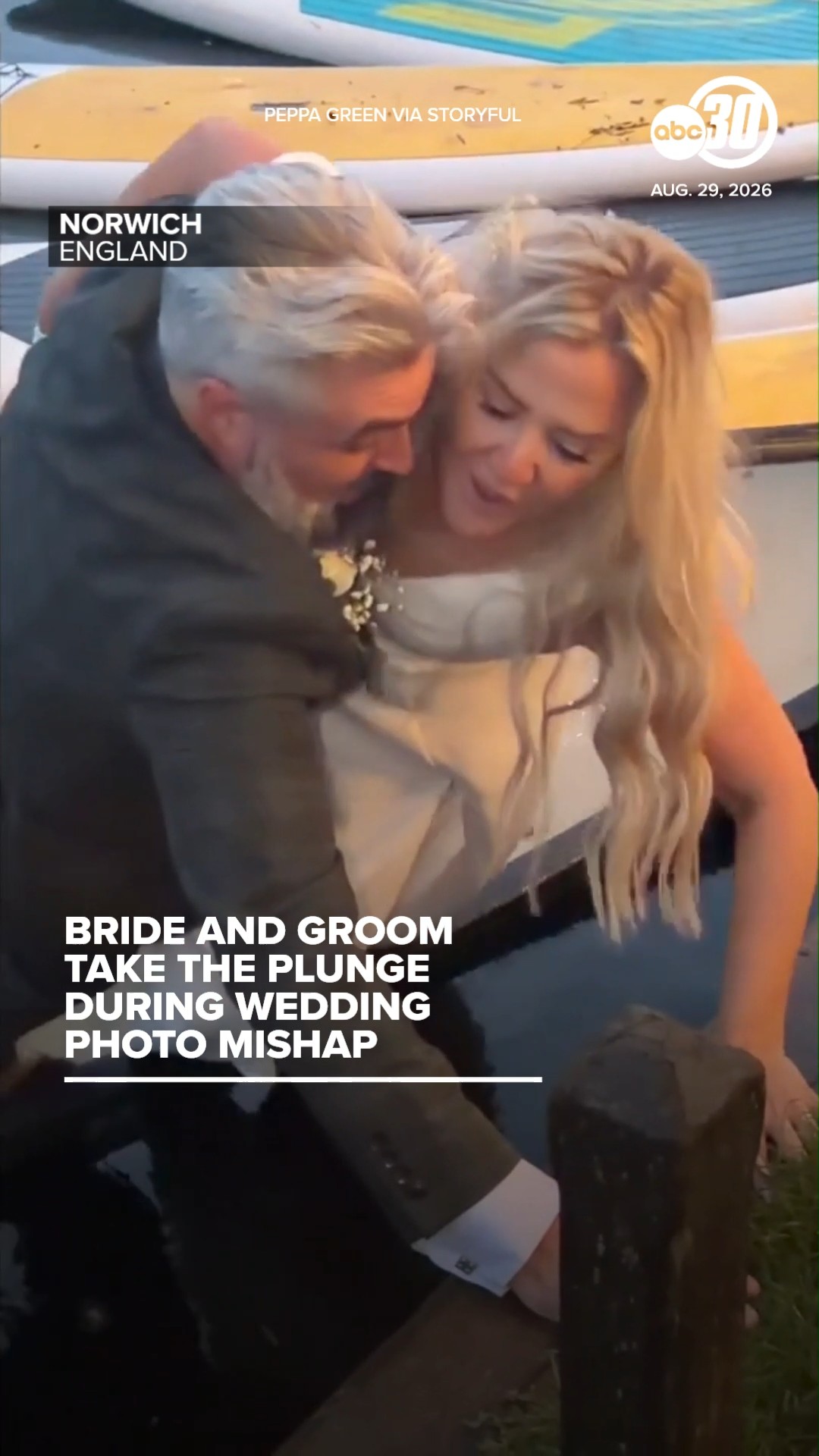 Bride and groom take the plunge during wedding photo mishap